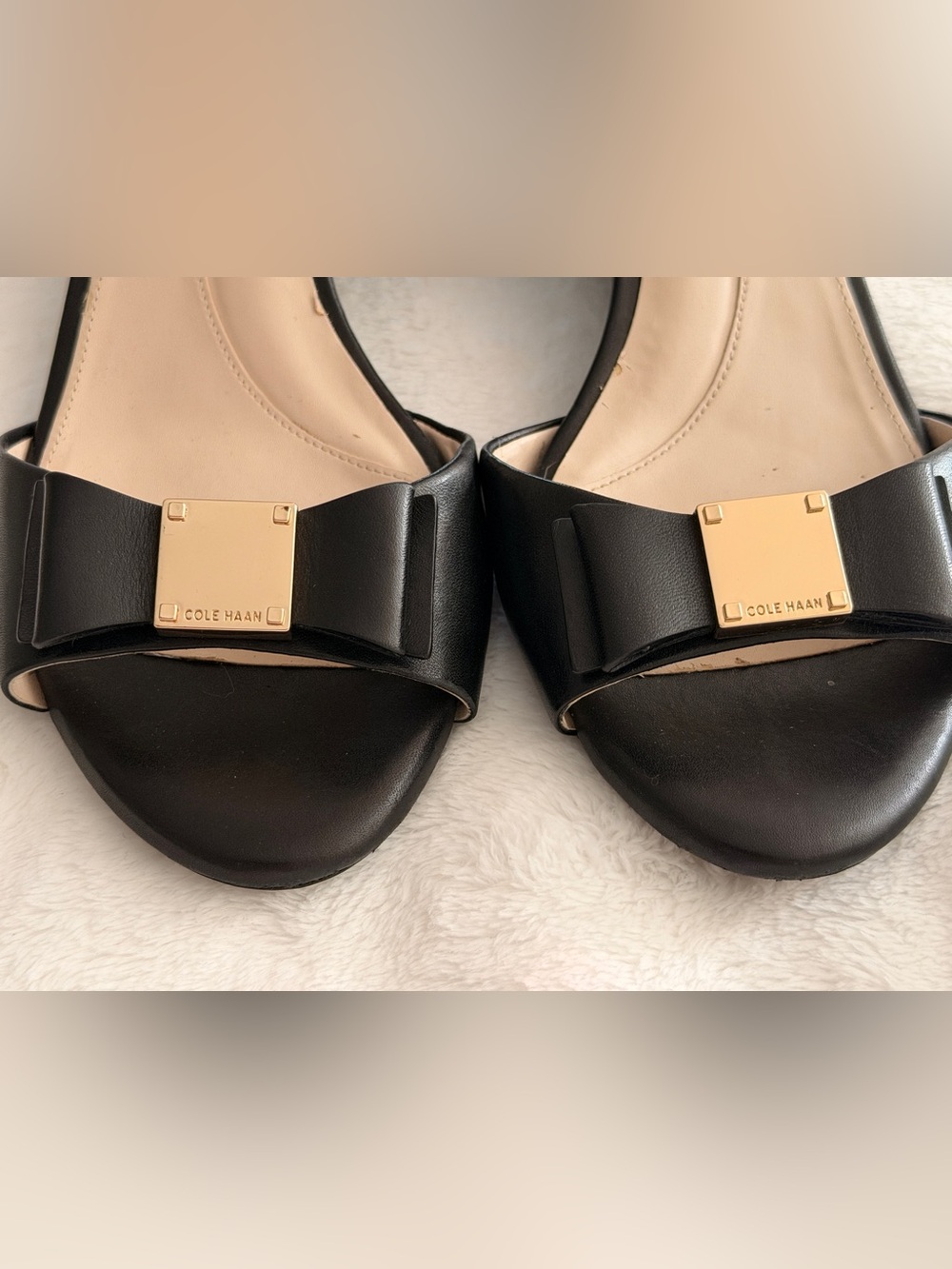 Cole Haan Black Leather Ankle-Strap Bow Heels with Gold Plaque - Picture 6 of 7